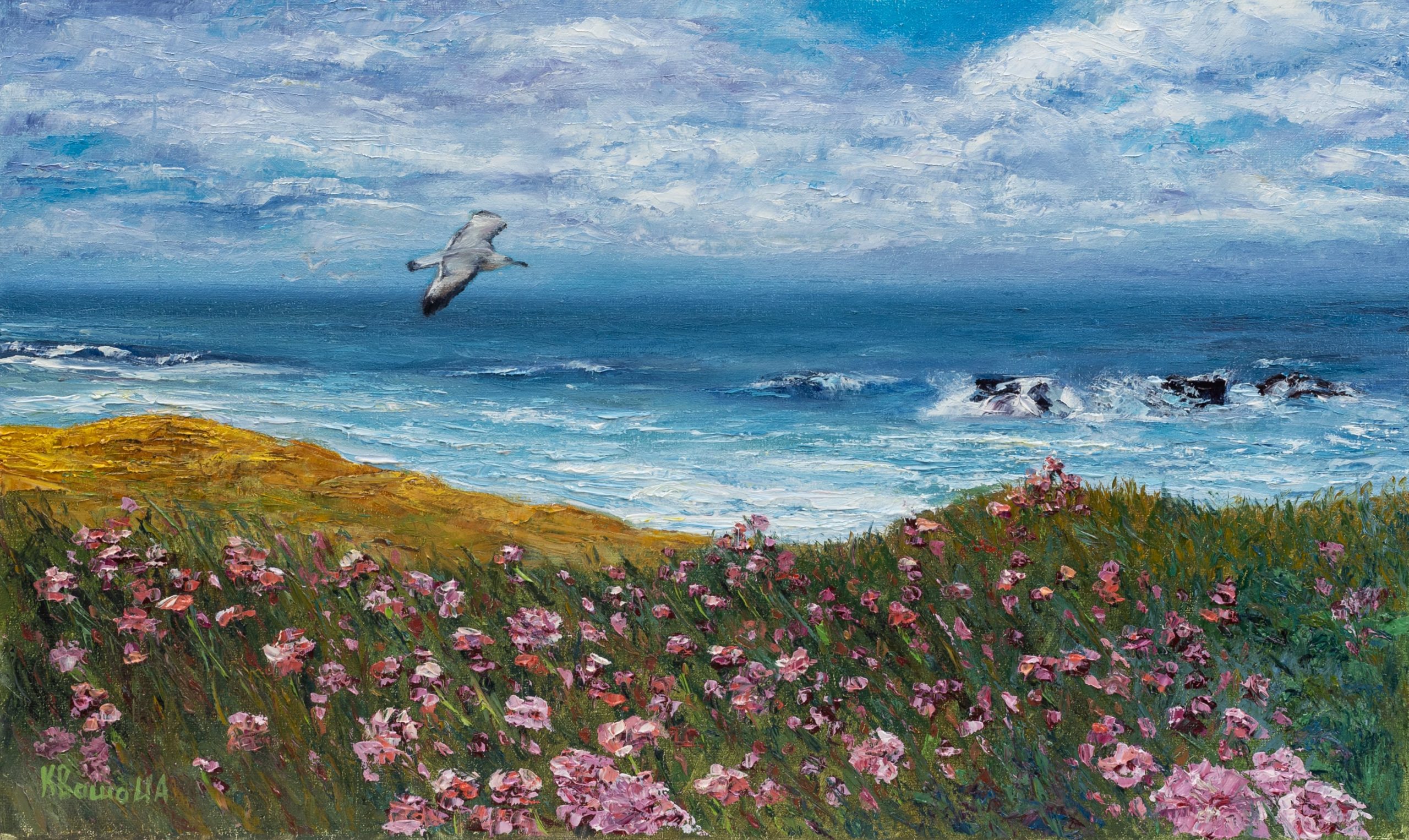 Чайка над морем. Полотно 20х40 см. Олія. Мастихін / Seagull over the sea. Canvas 20x40 cm. Oil. Palette knife